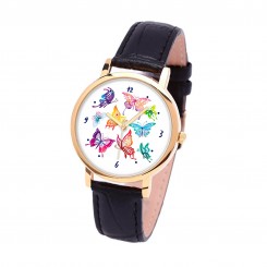 Наручний годинник TIA Метелик, чорний ремінець, золотистий корпус