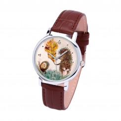Наручний годинник TIA Їжачок і равлик, коричневий ремінець, сріблястий корпус