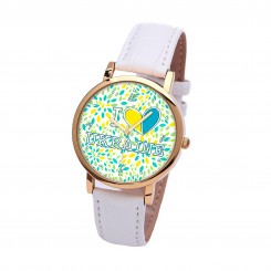 Наручний годинник TIA Я люблю Україну, білий ремінець, золотистий корпус