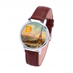 Наручний годинник TIA Поштова марка - Ейфелева вежа, коричневий ремінець, сріблястий корпус