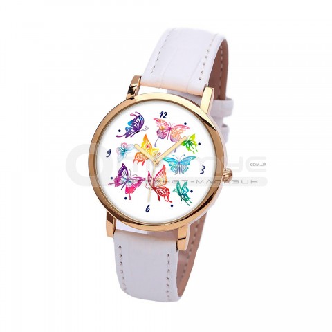 Наручний годинник TIA Метелик, білий ремінець, золотистий корпус