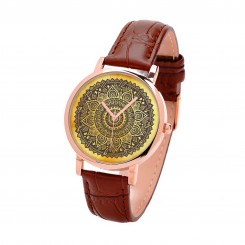 Наручний годинник TIA мандол, коричневий ремінець, корпус рожеве золото