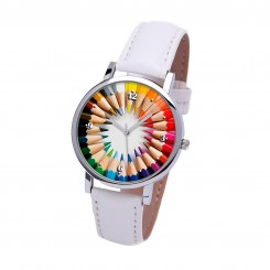 Наручний годинник TIA Кольорові олівці білий ремінець, сріблястий корпус