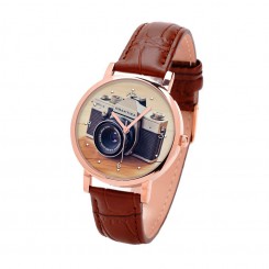 Наручний годинник TIA Ретро камера, коричневий ремінець, корпус рожеве золото