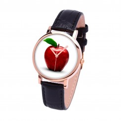 Наручний годинник TIA Яблуко, чорний ремінець, корпус рожеве золото