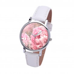 Наручний годинник TIA Рожева квітка, білий ремінець, сріблястий корпус