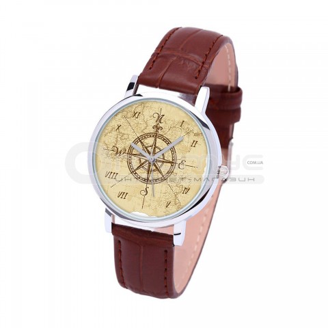 Наручний годинник TIA 4 сторони світу, коричневий ремінець, сріблястий корпус