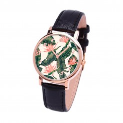 Наручные часы TIA Тропические цветы, чёрный ремешок, корпус розовое золото
