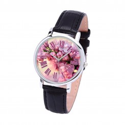 Наручний годинник TIA Квітка сакури, чорний ремінець, сріблястий корпус