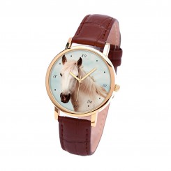 Наручний годинник TIA Білий кінь, коричневий ремінець, золотистий корпус