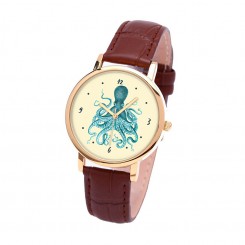 Наручные часы TIA Осьминог, коричневый ремешок, золотистый корпус