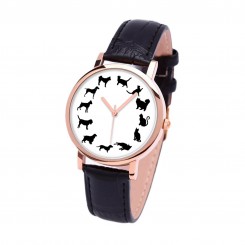 Наручний годинник TIA Кот і пес, чорний ремінець, корпус рожеве золото