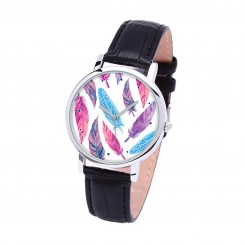 Наручний годинник TIA Різнобарвні пір'я, чорний ремінець, сріблястий корпус