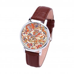 Наручные часы TIA Оранжевые цветы, коричневый ремешок, серебристый корпус