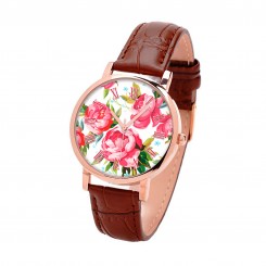 Наручные часы TIA Большой цветок, коричневый ремешок, корпус розовое золото