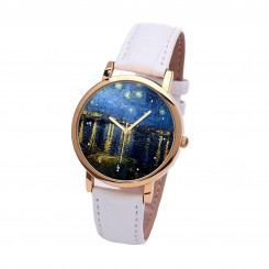 Наручные часы TIA Звездная ночь-Ван Гог, белый ремешок, золотистый корпус