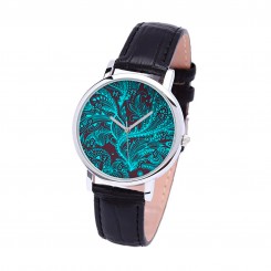 Наручний годинник TIA Бірюзові квіти, чорний ремінець, сріблястий корпус