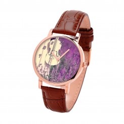 Наручний годинник TIA Скрипка і лаванда, коричневий ремінець, корпус рожеве золото