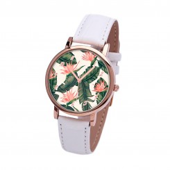 Наручний годинник TIA Тропічні квіти, білий ремінець, корпус рожеве золото