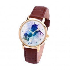 Наручний годинник TIA Єдиноріг, коричневий ремінець, золотистий корпус