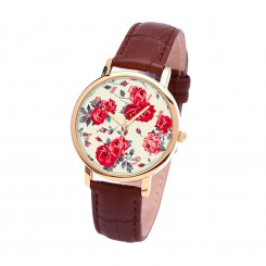 Наручний годинник TIA Червоні Троянди, коричневий ремінець, золотистий корпус
