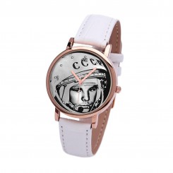 Наручные часы TIA Юрий Гагарин, белый ремешок, корпус розовое золото