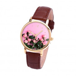 Наручные часы TIA Розовые Розы, коричневый ремешок, золотистый корпус