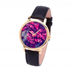 Наручные часы TIA Маленький фиолетовый цветок, черный ремешок, золотистый корпус